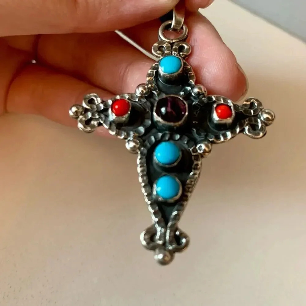 Vintage (?) Mexico Sterling 925 Turquoise Coral MATL Style Cross Pendant - Picture 4 of 5